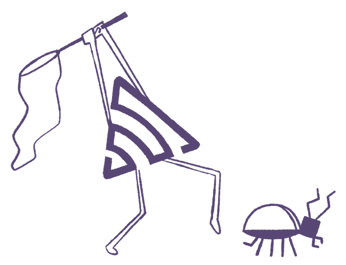 Sentry's mascot chasing a bug with a net.