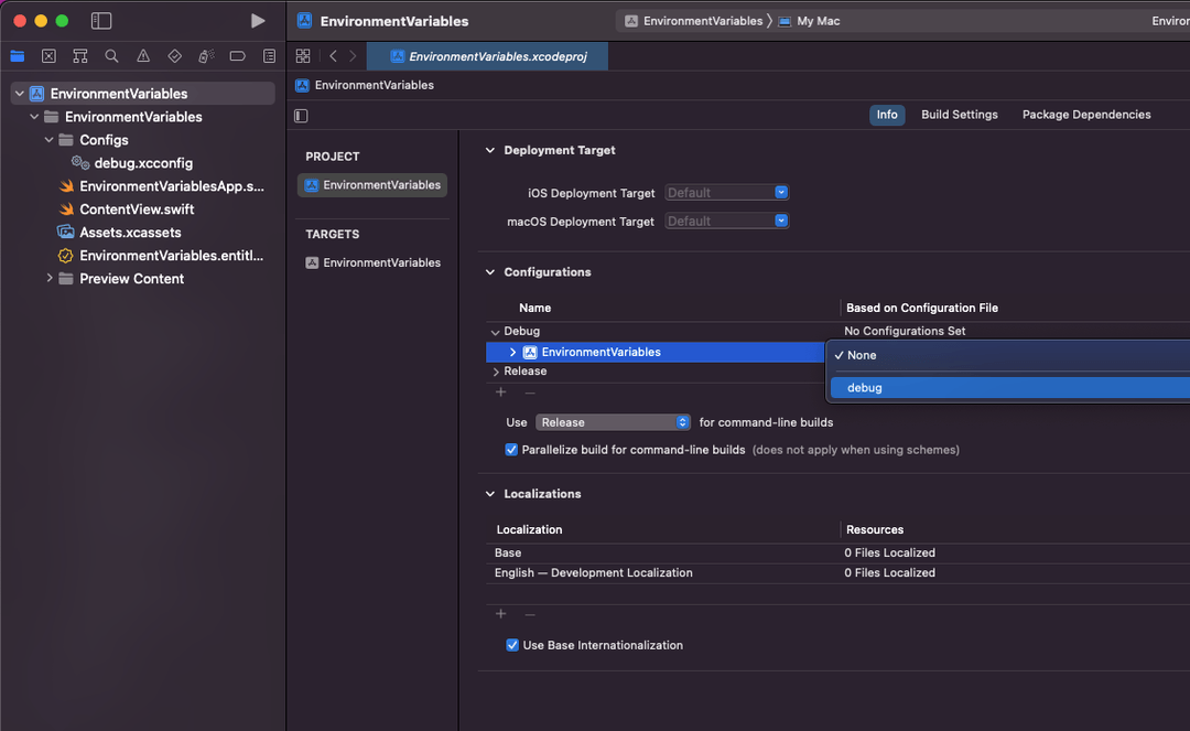 Setting the new configuration file in the Project Info settings