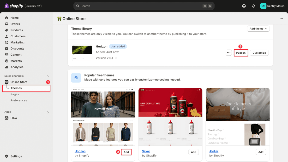 Screenshot of the Shopify admin dashboard showing the Online Store Themes page with the Horizon theme just added and the Publish button highlighted for activating it.